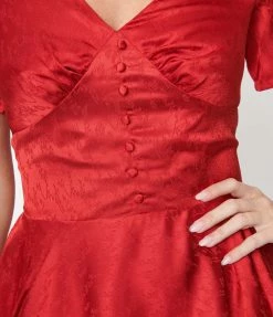 SHEEN Clothing Ltd Red Leaf Print Satin Kaylee Swing Dress