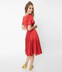 SHEEN Clothing Ltd Red Leaf Print Satin Kaylee Swing Dress
