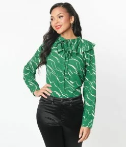 SHEEN Clothing Ltd New Arrivals! Green & White Abstract Stripe Ruffle Collar Shirt