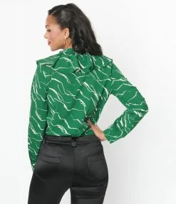 SHEEN Clothing Ltd New Arrivals! Green & White Abstract Stripe Ruffle Collar Shirt