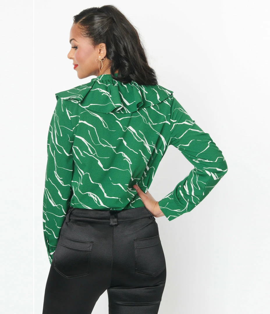 SHEEN Clothing Ltd New Arrivals! Green & White Abstract Stripe Ruffle Collar Shirt