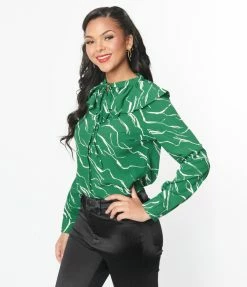 SHEEN Clothing Ltd New Arrivals! Green & White Abstract Stripe Ruffle Collar Shirt