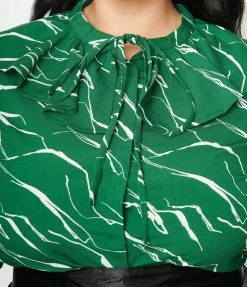 SHEEN Clothing Ltd Plus Size Green & White Abstract Stripe Ruffle Collar Shirt