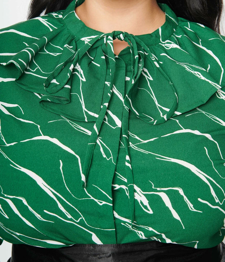 SHEEN Clothing Ltd Plus Size Green & White Abstract Stripe Ruffle Collar Shirt