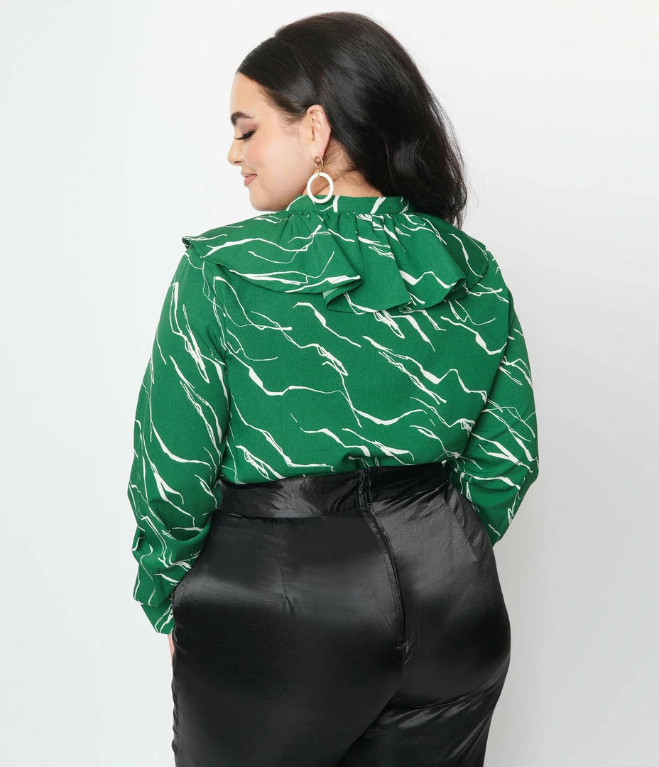 SHEEN Clothing Ltd Plus Size Green & White Abstract Stripe Ruffle Collar Shirt