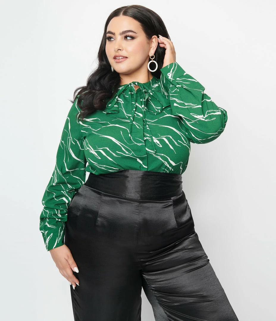 SHEEN Clothing Ltd Plus Size Green & White Abstract Stripe Ruffle Collar Shirt