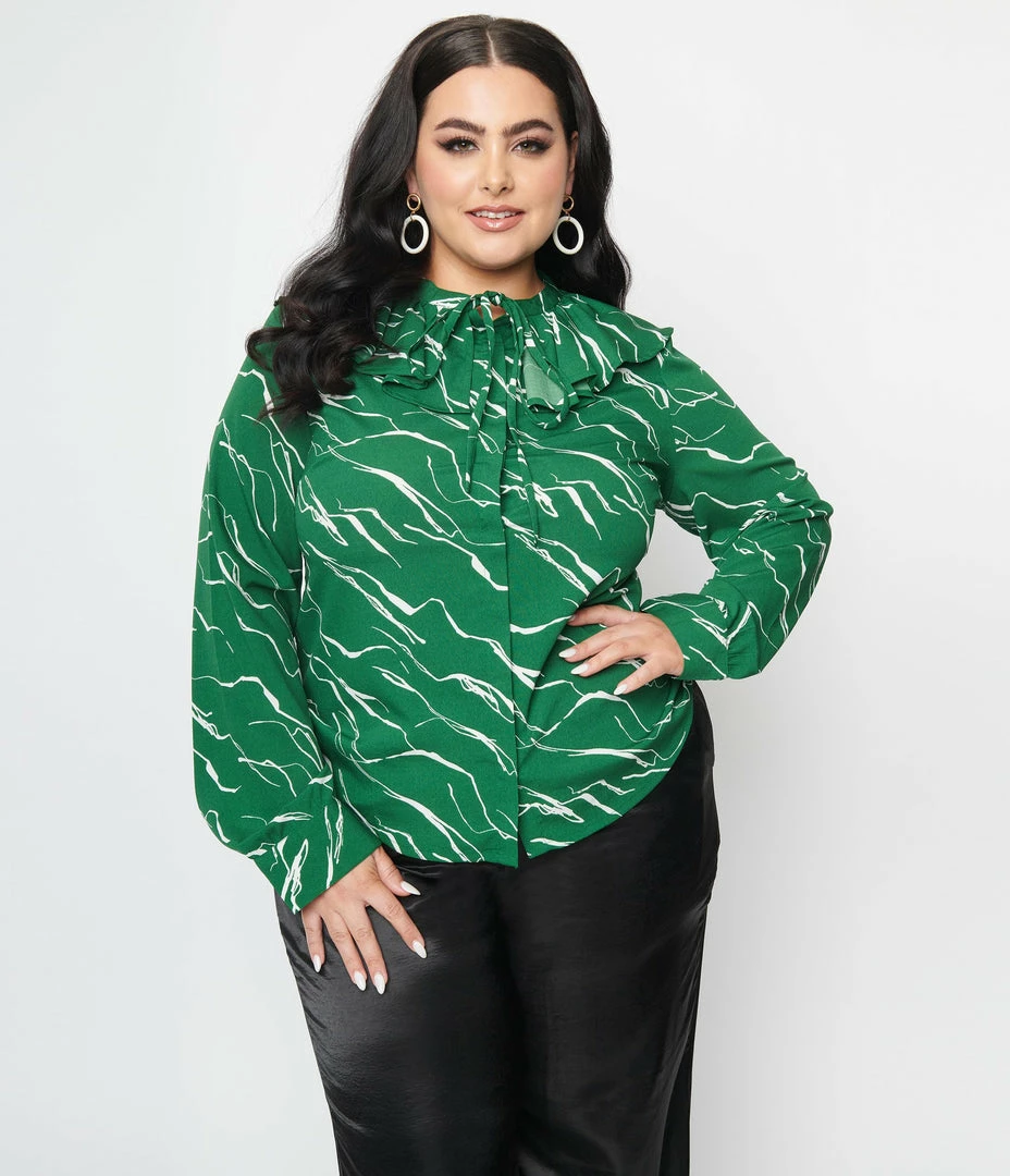 SHEEN Clothing Ltd Plus Size Green & White Abstract Stripe Ruffle Collar Shirt