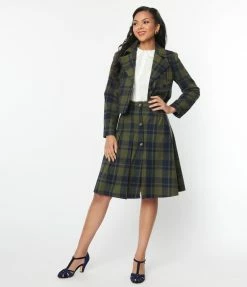 SHEEN Clothing Ltd Green & Navy Plaid Pleated Swing Skirt