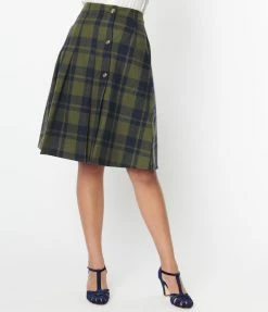 SHEEN Clothing Ltd Green & Navy Plaid Pleated Swing Skirt