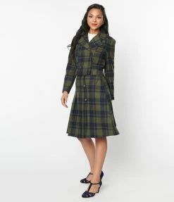 SHEEN Clothing Ltd Green & Navy Plaid Pleated Swing Skirt