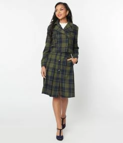 SHEEN Clothing Ltd Green & Navy Plaid Pleated Swing Skirt