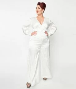 SHEEN Clothing Ltd Plus Size Ivory Satin Marina Jumpsuit