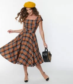 Magnolia Place Pumpkin Spice Plaid Anna Swing Dress Clothing