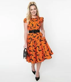 Magnolia Place Orange & Black Bat Sally Swing Skirt Sale