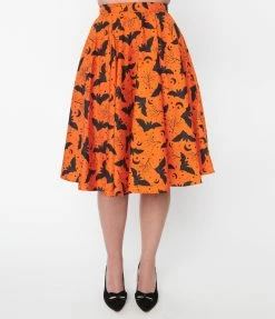 Magnolia Place Orange & Black Bat Sally Swing Skirt Sale