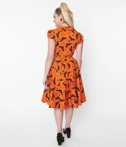Magnolia Place Orange & Black Bat Sally Swing Skirt Sale