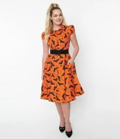 Magnolia Place Orange & Black Bat Sally Swing Skirt Sale