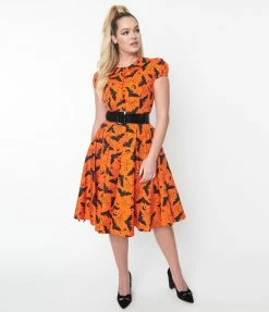 Magnolia Place Orange & Black Bat Sally Swing Skirt Sale