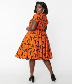 Sale Magnolia Place Plus Size Orange & Black Bat Sally Swing Skirt