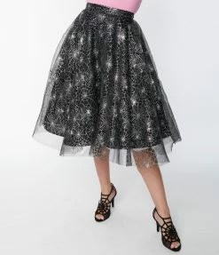 Magnolia Place Black & Silver Spider Webs Sally Swing Skirt Clothing