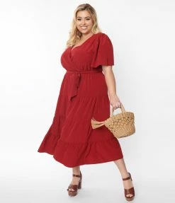 Flying Tomato Burgundy Tiered Midi Dress New Arrivals!