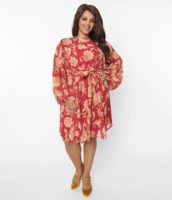 Flying Tomato Plus Size Fuchsia & Gold Floral Fit & Flare Dress