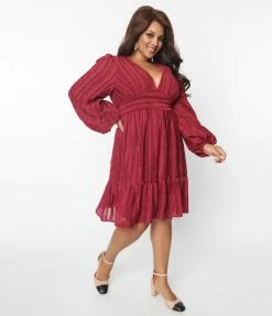 Flying Tomato Plus Size Wine Textured Stripe Mini Dress New Arrivals!