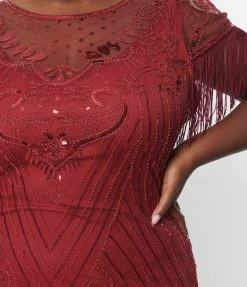 Unique Vintage Plus Size 1920s Burgundy Beaded Nadine Flapper Dress Clothing