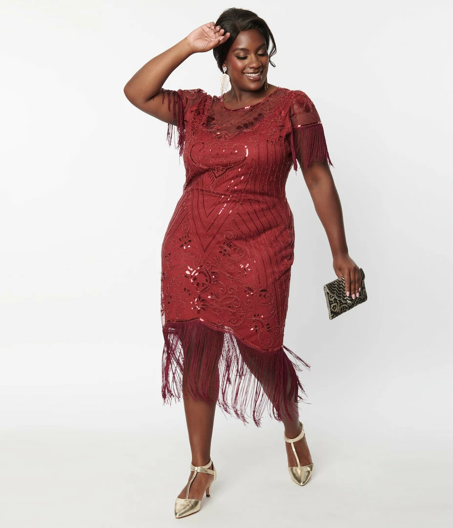 Unique Vintage Plus Size 1920s Burgundy Beaded Nadine Flapper Dress Clothing