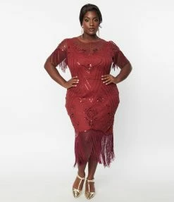 Unique Vintage Plus Size 1920s Burgundy Beaded Nadine Flapper Dress Clothing