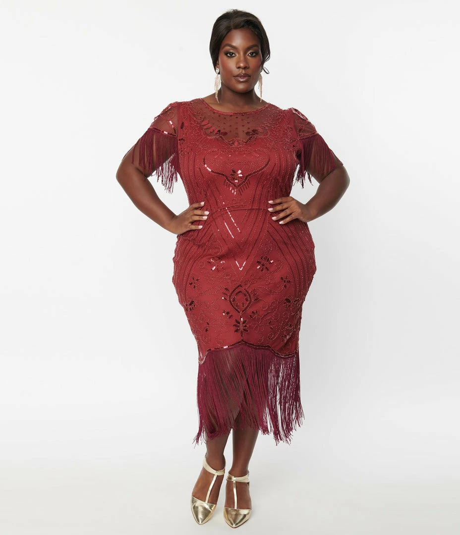 Unique Vintage Plus Size 1920s Burgundy Beaded Nadine Flapper Dress Clothing
