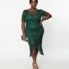 Unique Vintage Plus Size 1920s Emerald Beaded Nadine Flapper Dress Clothing