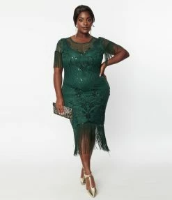 Unique Vintage Plus Size 1920s Emerald Beaded Nadine Flapper Dress Clothing