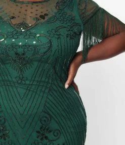Unique Vintage Plus Size 1920s Emerald Beaded Nadine Flapper Dress Clothing