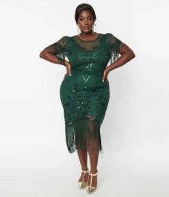 Unique Vintage Plus Size 1920s Emerald Beaded Nadine Flapper Dress Clothing