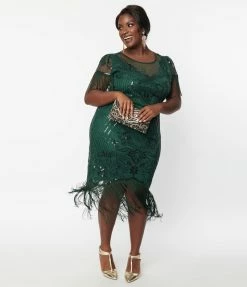 Unique Vintage Plus Size 1920s Emerald Beaded Nadine Flapper Dress Clothing