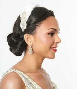 New Arrivals! Unique Vintage White Coque Feather & Silver Rhinestone Headband