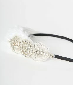 New Arrivals! Unique Vintage White Coque Feather & Silver Rhinestone Headband