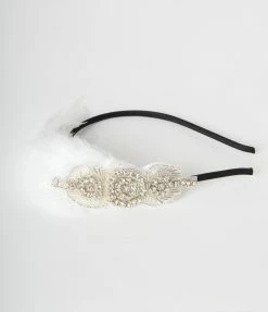 New Arrivals! Unique Vintage White Coque Feather & Silver Rhinestone Headband