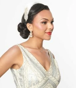 New Arrivals! Unique Vintage White Coque Feather & Silver Rhinestone Headband