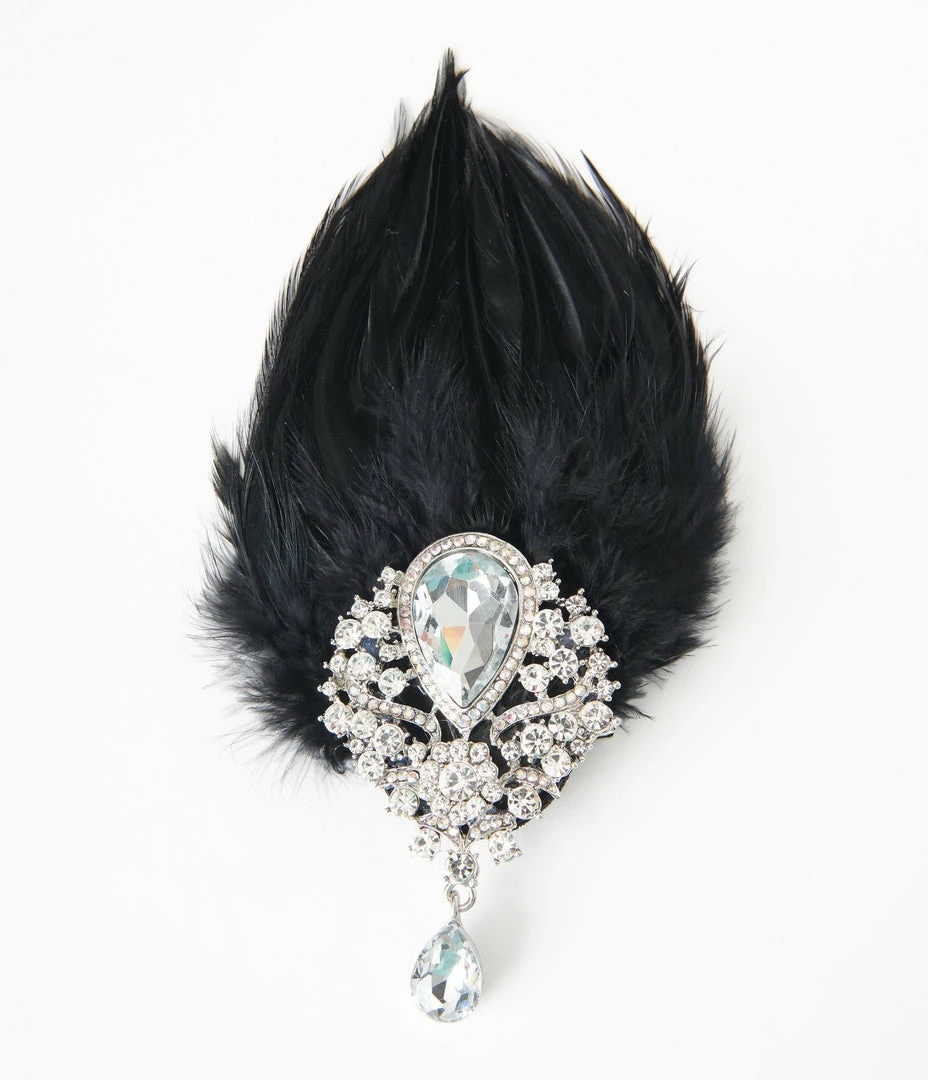 Unique Vintage Black Coque Feather & Silver Rhinestone Hair Clip Flapper