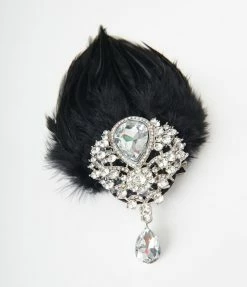 Unique Vintage Black Coque Feather & Silver Rhinestone Hair Clip Flapper