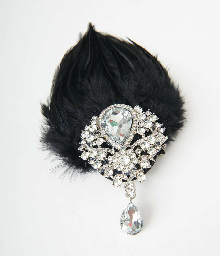 Unique Vintage Black Coque Feather & Silver Rhinestone Hair Clip Flapper