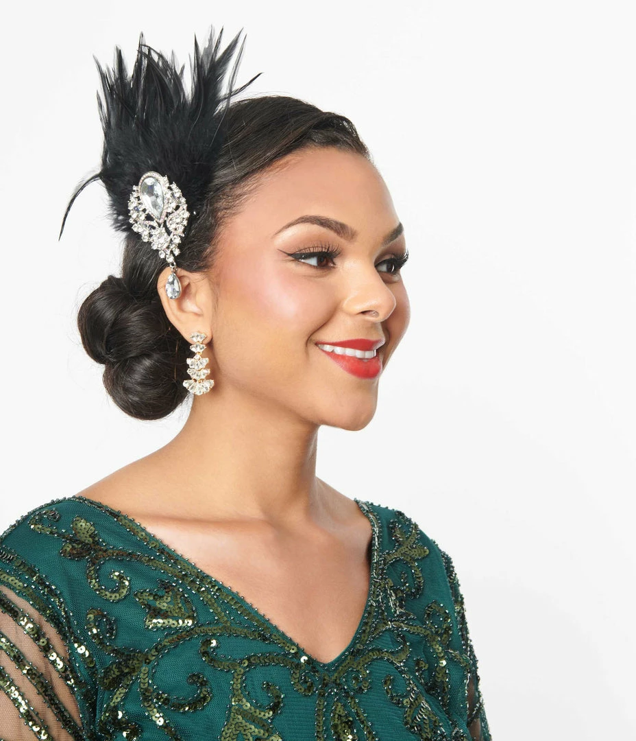 Unique Vintage Black Coque Feather & Silver Rhinestone Hair Clip Flapper