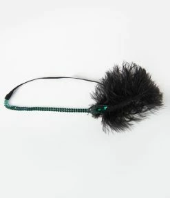 New Arrivals! Unique Vintage Black Feather & Green Rhinestone Stretch Headband