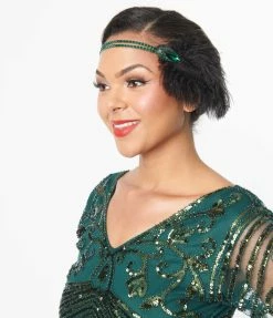 New Arrivals! Unique Vintage Black Feather & Green Rhinestone Stretch Headband