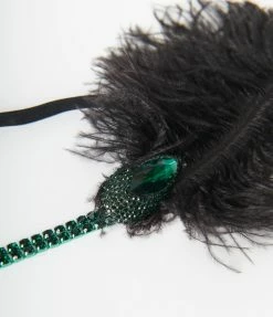 New Arrivals! Unique Vintage Black Feather & Green Rhinestone Stretch Headband