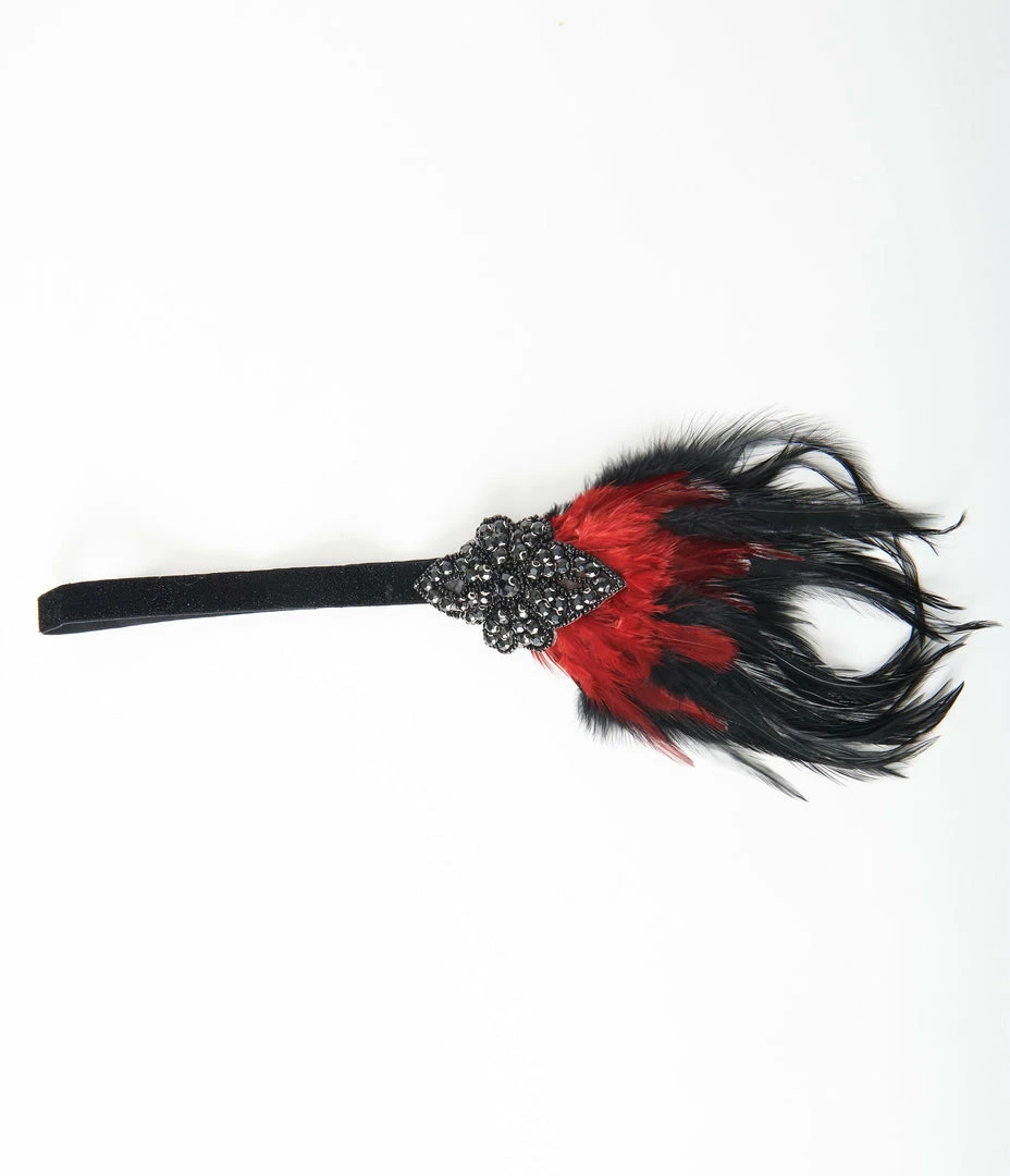 Unique Vintage Black & Red Coque Feather Rhinestone Stretch Headband New Arrivals!