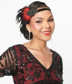 Unique Vintage Black & Red Coque Feather Rhinestone Stretch Headband New Arrivals!
