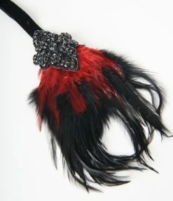 Unique Vintage Black & Red Coque Feather Rhinestone Stretch Headband New Arrivals!